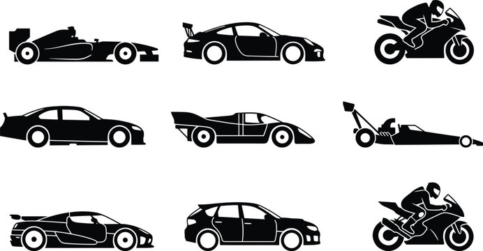 Set of racing car and motorcycle silhouettes. Collection of sport vehicle icons for design.