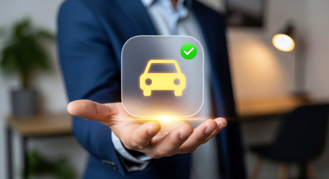 Approved car icon marked by a round tick, vehicle inspection emblem of passed checkups, roadworthy status and reliable motors in service station offers and used car market publications