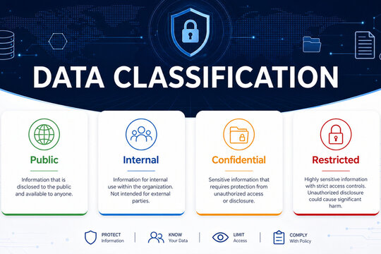 Blue and white cybersecurity infographic illustrating public, internal, confidential, and restricted data classification levels with security icons.