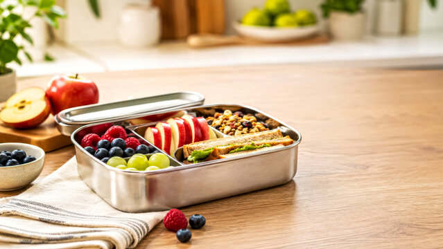 Lunchbox made of Stainless Steel, with Fruit and Folded Cloth Napkin Wooden Surface in Natural Daylight