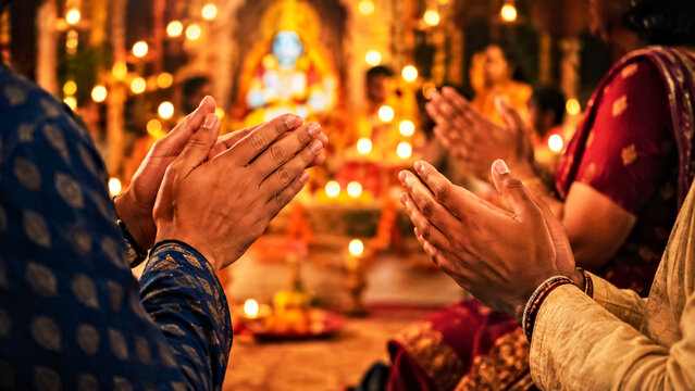 Close Up of Devotees Clapping During Janmashtami Kirtan at Krishna Temple, Hindu Worship and Community Prayer