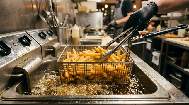 Commercial fryer in action golden french fries being lifted from hot oil