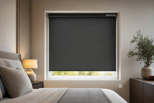 Cozy modern bedroom interior featuring a dark blackout roller blind, neutral bedding, warm bedside lamp, wooden cabinet, and decorative indoor plant.