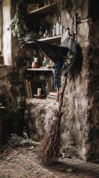Halloween A witch's rustic sanctuary, featuring a pointed hat adorned with floral accents and a broomstick, hangs beside shelves filled with mystical elixirs and ancient tomes.