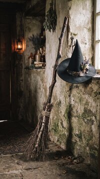 Halloween A weathered witch's broom leans against a rustic stone wall, a pointed hat adorned with dried herbs resting beside it.