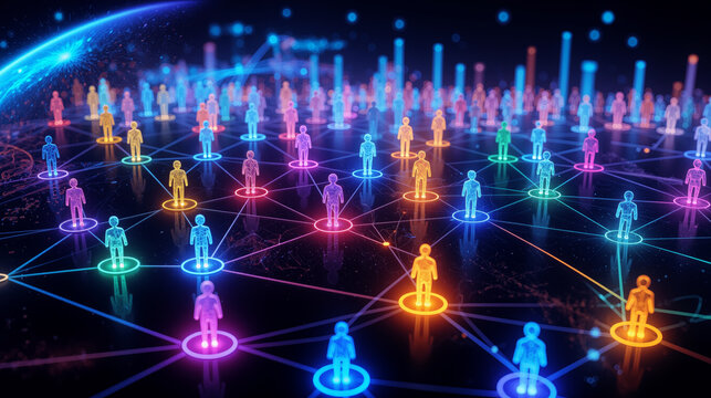 Global digital network of glowing human icons, colorful social connection map on dark background, futuristic data visualization of people and community