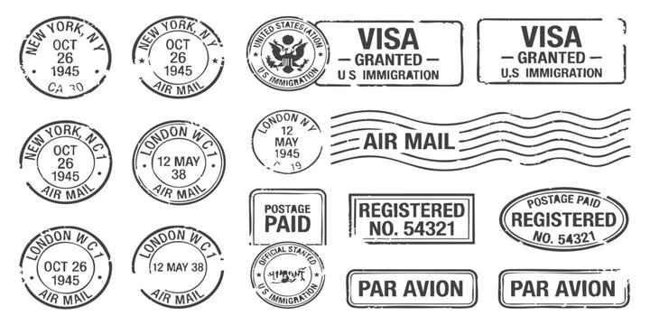 Set of vintage postage stamps and ink postal cancellation marks from New York and London for mail travel