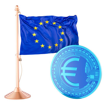 European Union flag with digital euro coin, EU digital currency concept. 3D rendering