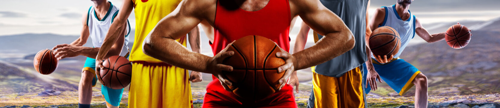 Basketball. Close-up of professional basketball players against the backdrop of the court. Sports close-up. Confidence in victory.