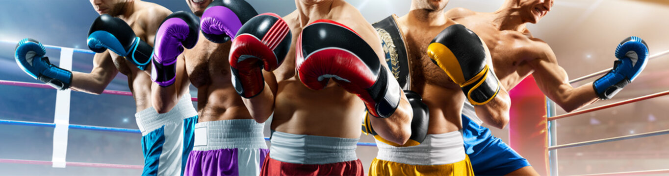 Sport collage. Box professional fighters on the ring in lights. Close up