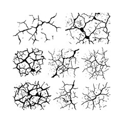 Obraz premium Grunge crack textures vector set, black cracked concrete wall effects, distressed ground and glass fracture overlays for design