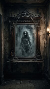 Halloween A ghostly apparition stares out from an antique mirror, its reflection distorted and eerie, set within a decaying, dimly lit hallway.