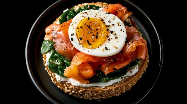Bagel sandwich with salmon, cream cheese, spinach, and egg sits on a black background. Top view.