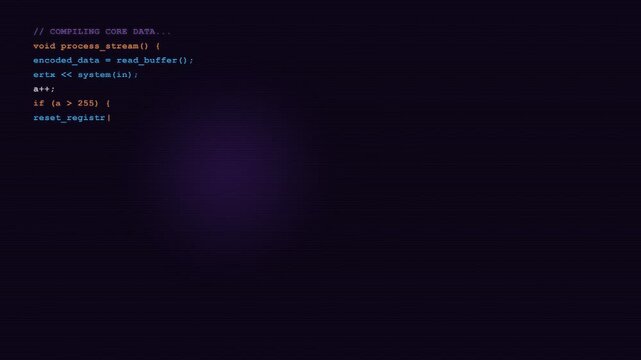 Programming code editor screen with purple light pulse