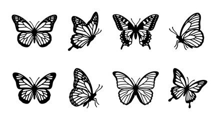 Set of 8 Black and White Butterfly Silhouettes, Delicate Insect Vector Graphics for Nature Designs © Fahinkhan