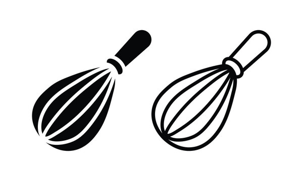 Kitchen whisk icon vector set with balloon egg beater silhouette and line outline style isolated on white background