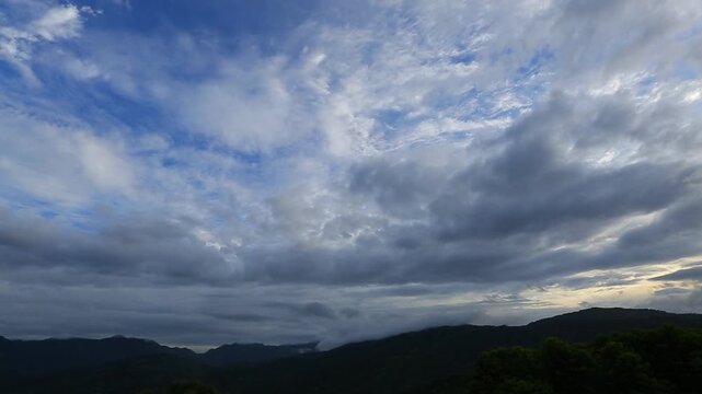 HAFLONG, ASSAM, INDIA - JANUARY 29: A stunning landscape time-lapse shot capturing dramatic white clouds moving fast under the blue sky over the mountain ranges in Haflong hill station. 4K footage