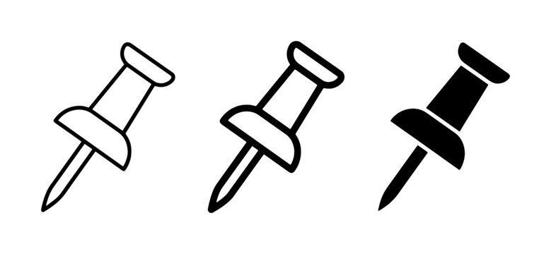 Push Pin Icons Set, Simple Vector Graphics for Office Supplies and Stationery, Black and White Design