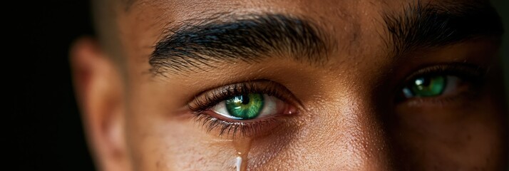 Close up male eyes with green irises and a tear for emotional wallpaper and banner design highlighting vivid eye color and raw feeling © Andrii Zastrozhnov