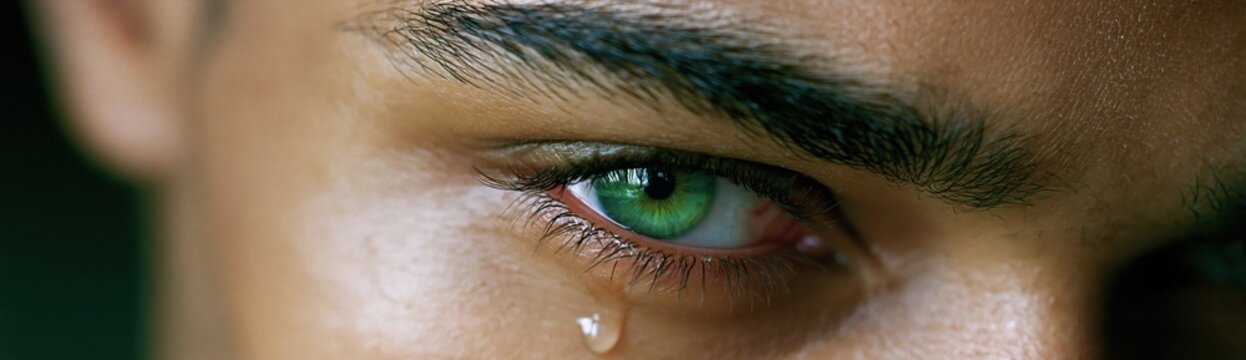 Closeup emotional eye portrait with bright green eye and single tear for dramatic poster background and expressive banner design