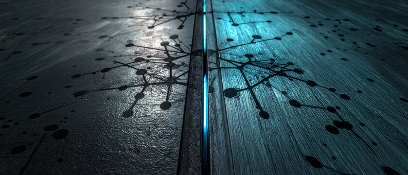 Network node pattern on concrete panel with cyan neon light gap. Hardware technology background for artificial intelligence data transfer, machine learning concepts and quantum computing presentation.