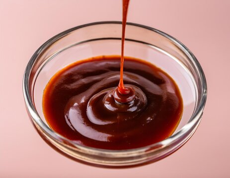 Barbecue sauce pouring into a glass bowl