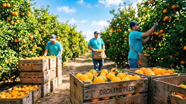 Usa labor day harvest citrus workers picking oranges in a sunny orchard