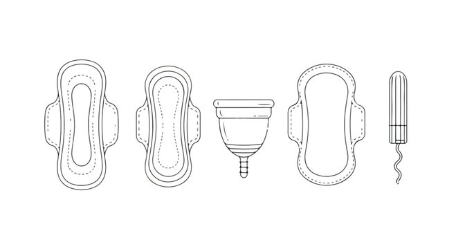 Illustration featuring multiple feminine hygiene products including pads and a tampon applicator.