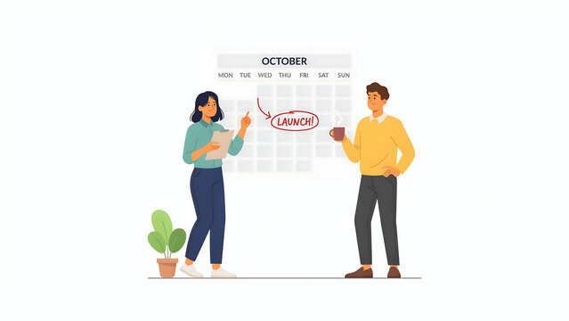 Project launch planning with October calendar, business team scheduling product release date, corporate strategy and deadline management