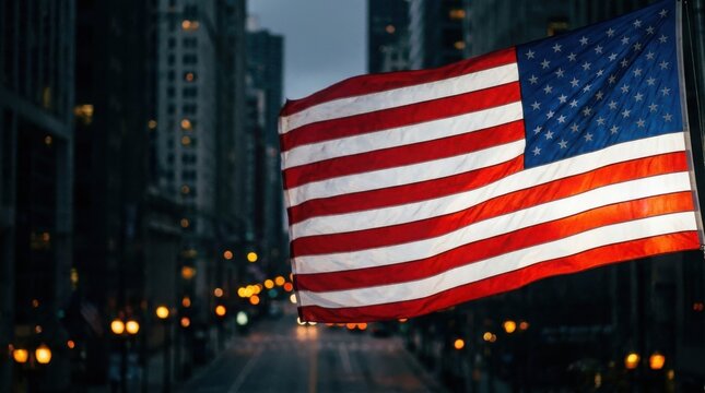 Usa labor day celebration american flag waving in front of city skyline