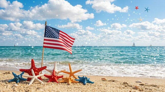 Usa labor day beach scene american flag with starfish on sandy shore
