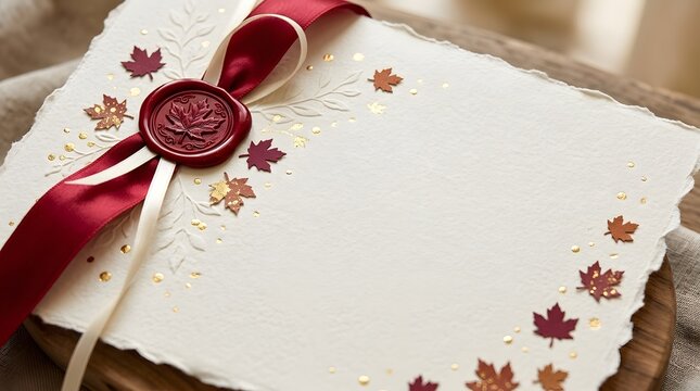 Elegant civic holiday card with maple leaf seal and autumnal foliage design