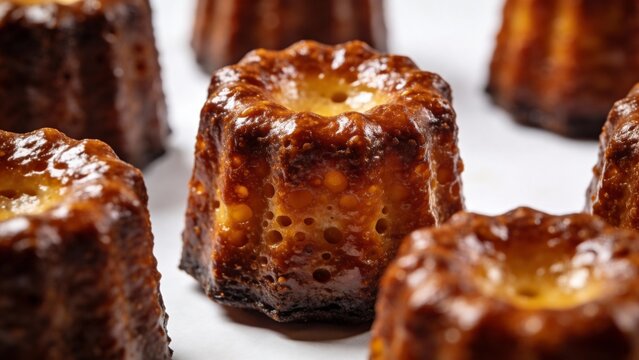 Golden-brown canele pastries sit on a white surface, showcasing their unique shapes. These treats boast a crispy exterior and a soft, creamy interior, tempting anyone nearby.