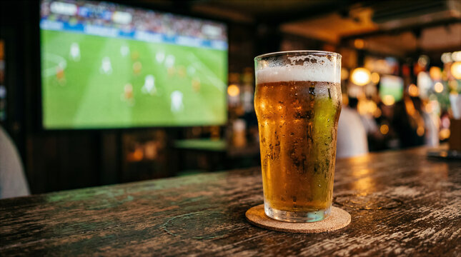 Glass of cold beer on wooden coaster at sports bar with soccer match on television in background
