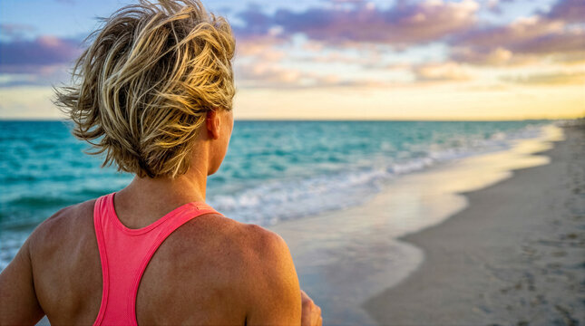 Over the shoulder view of a woman with short blonde hair wearing a pink sports top looking at the ocean sunset