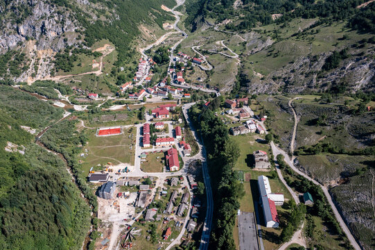 Aerial view of Savnik town and surrounding mountain landscape in Montenegro