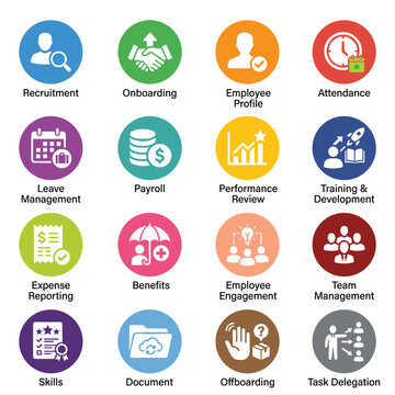 Icon set illustrating HR and workforce management concepts including recruitment and onboarding.
