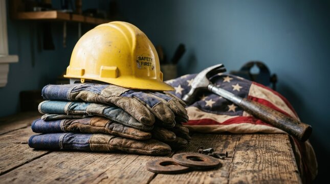 Usa labor day construction tools hard hat american flag celebrating workers