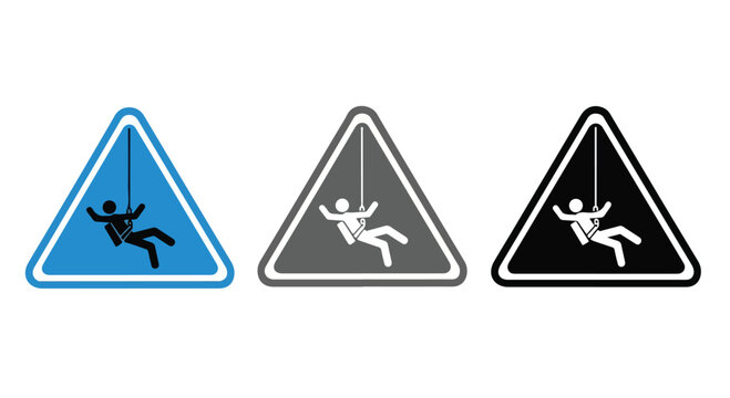 Triple triangular slipping hazard warning signs in blue gray and black showing a falling person.