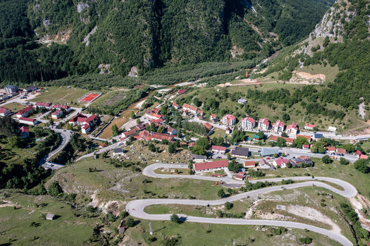 Aerial view of Savnik town and surrounding mountain landscape in Montenegro