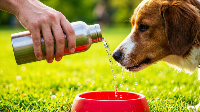 Close up of human hand pouring water from metal bottle into red bowl for brown and white dog drinking on green grass