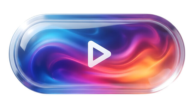 A colorful play button icon on transparent background with vibrant swirling patterns