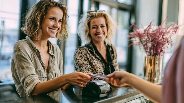 Customer and owner grin while paying by card at the salon desk, showing happy clients and great service.