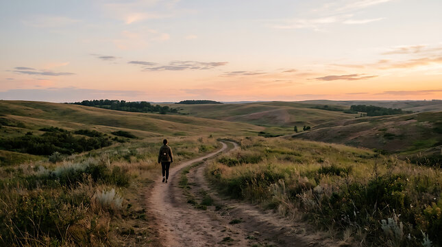 Solitary hiker on a winding dirt road through rolling hills at sunset