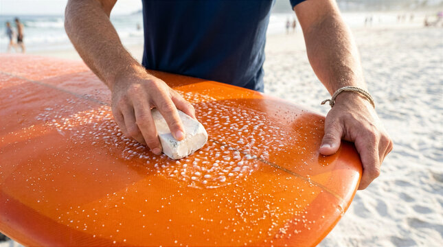 Close up of man applying wax to orange surfboard on beach