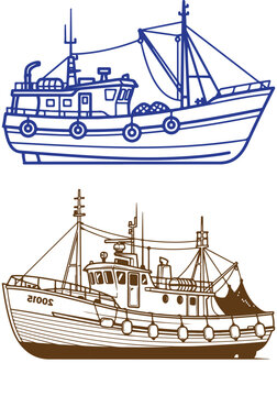 Fishing boat and commercial trawler line art illustrations for maritime and marine industry design