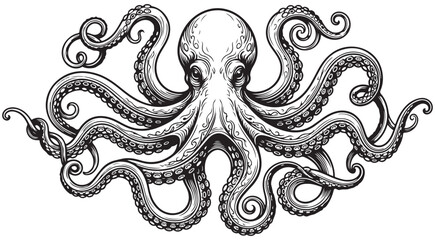 Vintage octopus engraving illustration with detailed tentacles and suckers for tattoo design or logo © NEYDI