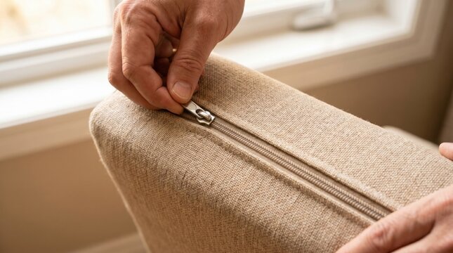 Hands zipping up the metal zipper of a beige textured fabric cushion cover