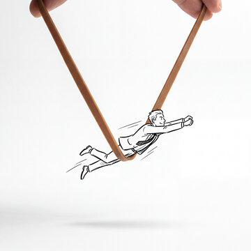A real rubber band becomes a slingshot launching a doodle entrepreneur forward, symbolizing business acceleration, bold action, startup energy and rapid professional growth.