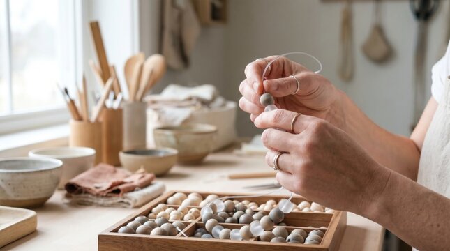Woman hands stringing wooden and frosted glass beads onto a clear wire for jewelry making